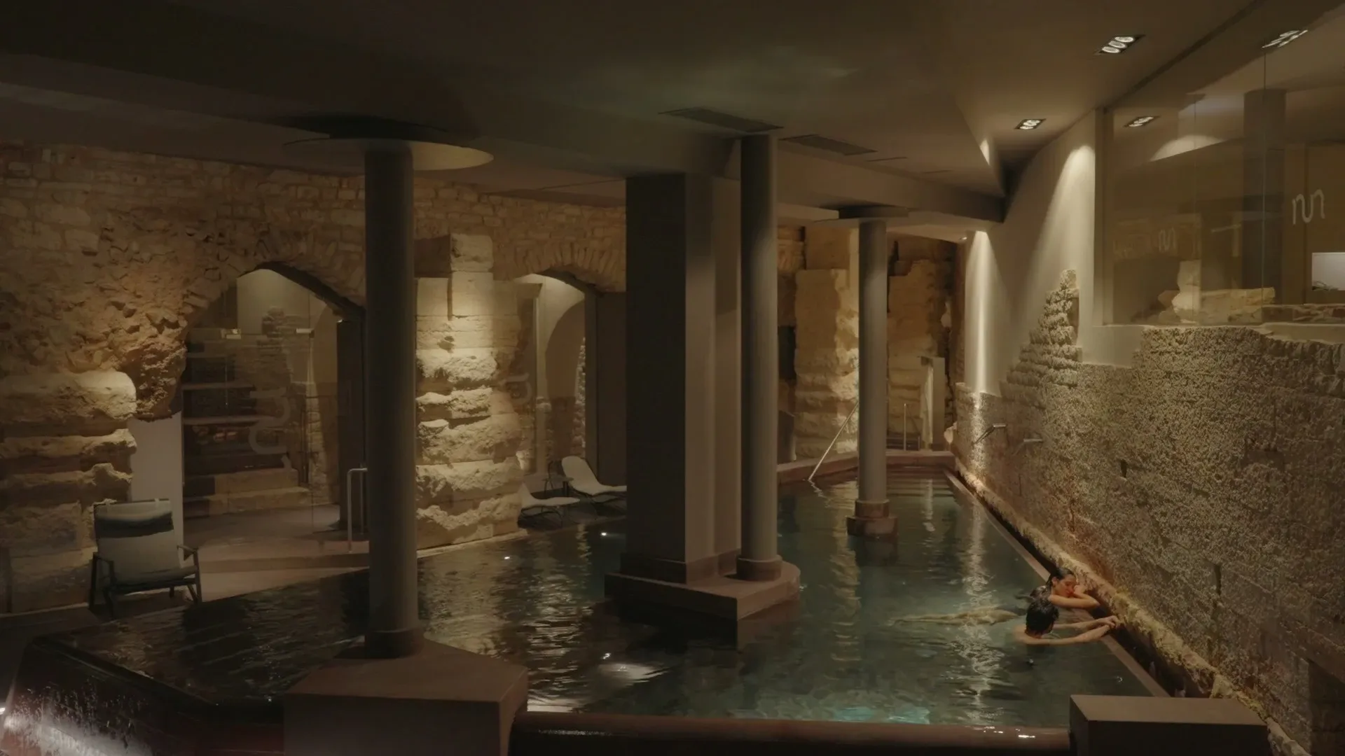 Wide shot of underground Roman thermal baths (video)